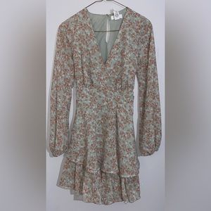 Green and Pink Floral Long Sleeve Dress